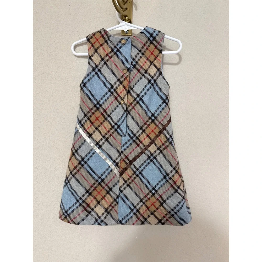 Tartine et Chocolat Plaid Jumper Dress Kids Sz 3 Blue Wool Blend Dog Embroidered